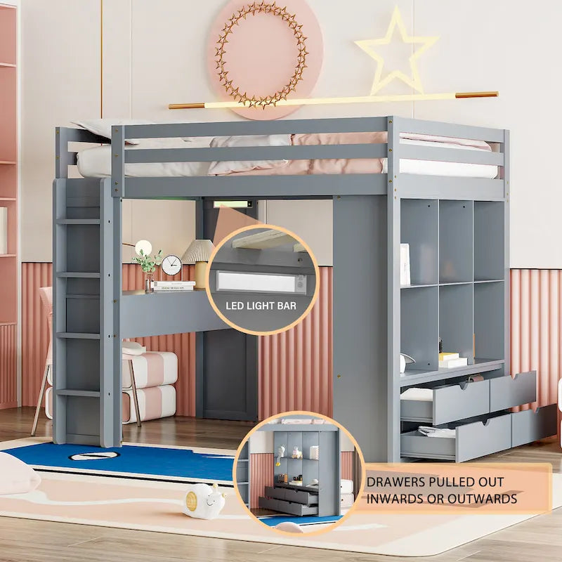 Full Size Solid Wood Loft Bed with Shelves, Writing Desk, and LED Light