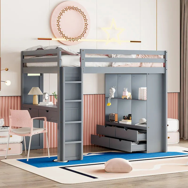 Full Size Solid Wood Loft Bed with Shelves, Writing Desk, and LED Light
