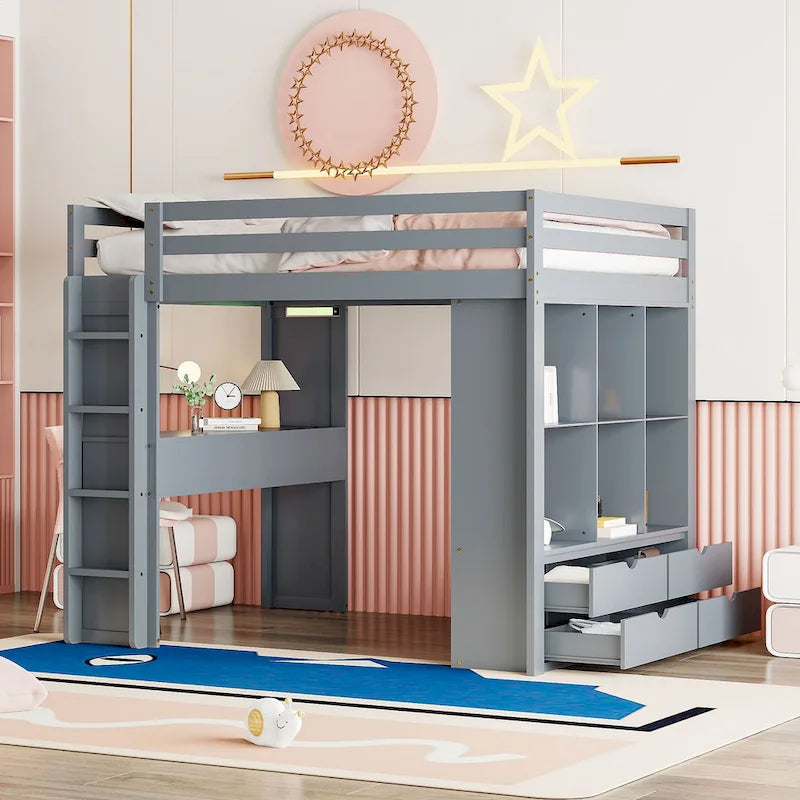 Full Size Solid Wood Loft Bed with Shelves, Writing Desk, and LED Light