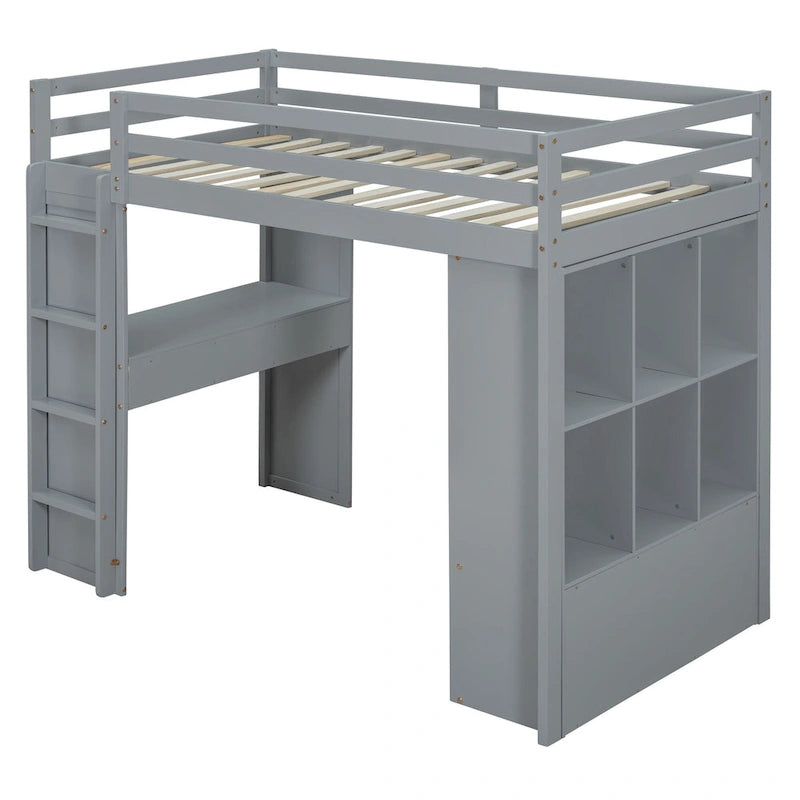 Full Size Solid Wood Loft Bed with Shelves, Writing Desk, and LED Light