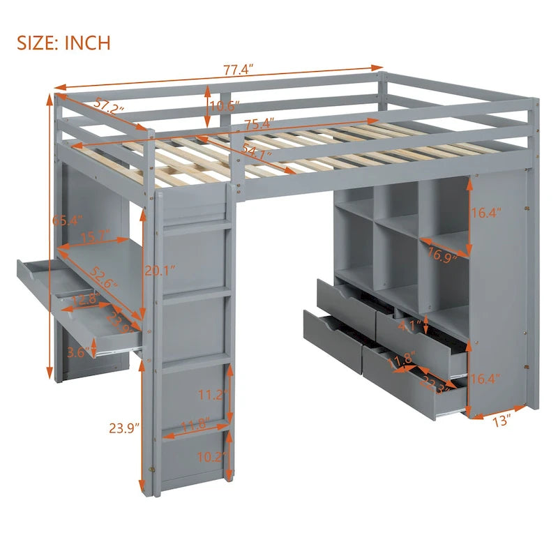Full Size Solid Wood Loft Bed with Shelves, Writing Desk, and LED Light