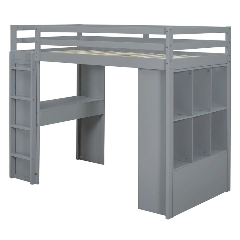 Full Size Solid Wood Loft Bed with Shelves, Writing Desk, and LED Light
