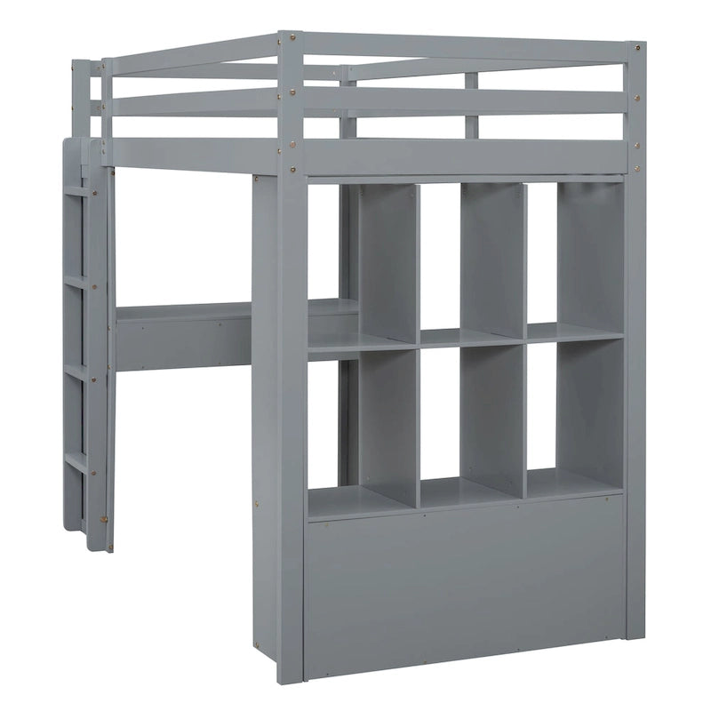 Full Size Solid Wood Loft Bed with Shelves, Writing Desk, and LED Light