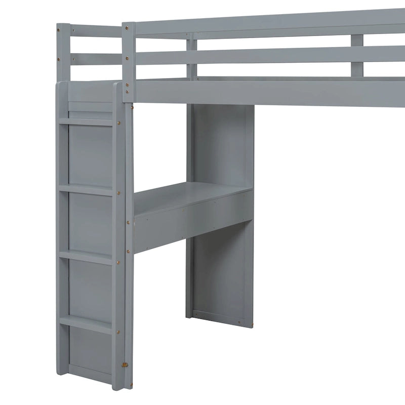 Full Size Solid Wood Loft Bed with Shelves, Writing Desk, and LED Light