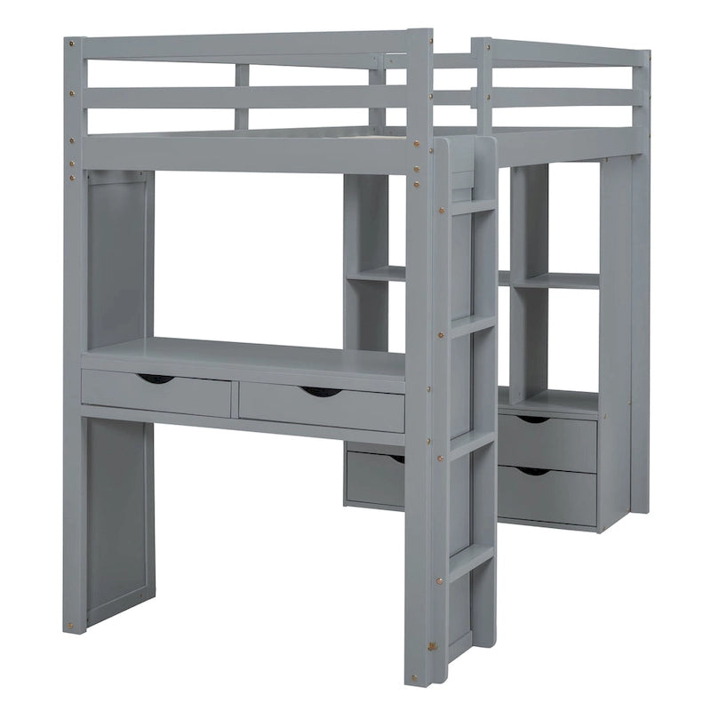 Full Size Solid Wood Loft Bed with Shelves, Writing Desk, and LED Light
