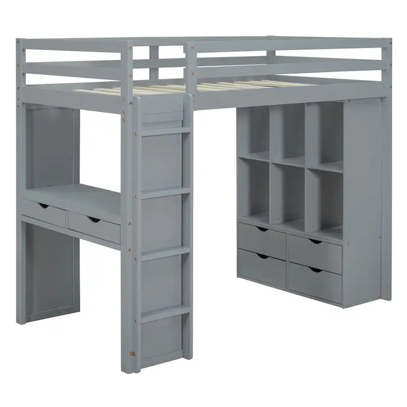 Full Size Solid Wood Loft Bed with Shelves, Writing Desk, and LED Light