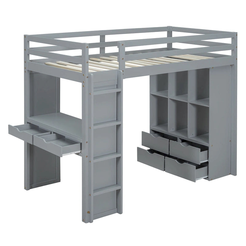 Full Size Solid Wood Loft Bed with Shelves, Writing Desk, and LED Light