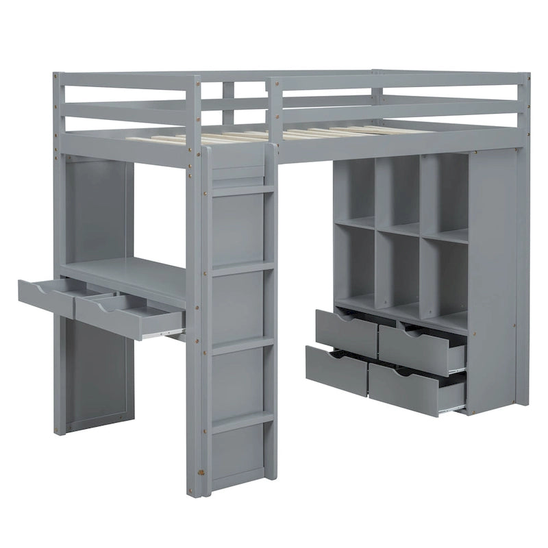Full Size Solid Wood Loft Bed with Shelves, Writing Desk, and LED Light