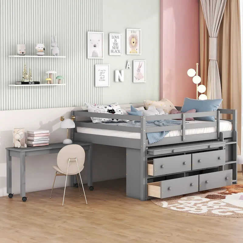 Full Size Solid Wood Loft Bed with Retractable Desk and Drawers