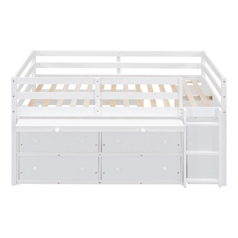 Full Size Solid Wood Loft Bed with Retractable Desk and Drawers