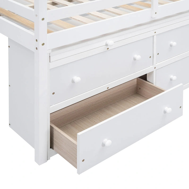 Full Size Solid Wood Loft Bed with Retractable Desk and Drawers