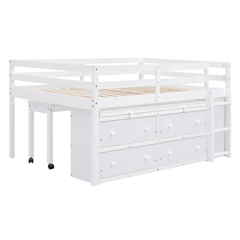 Full Size Solid Wood Loft Bed with Retractable Desk and Drawers