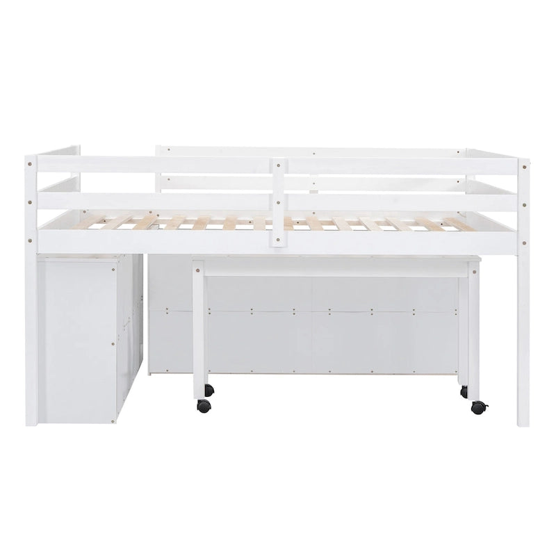 Full Size Solid Wood Loft Bed with Retractable Desk and Drawers