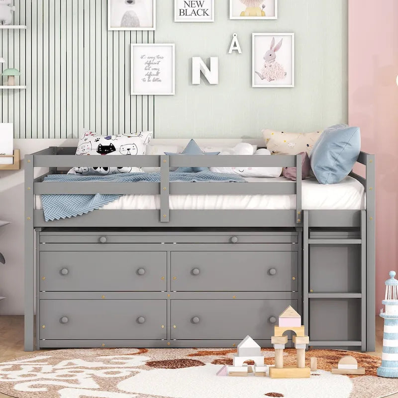 Full Size Solid Wood Loft Bed with Retractable Desk and Drawers