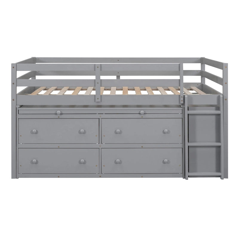 Full Size Solid Wood Loft Bed with Retractable Desk and Drawers