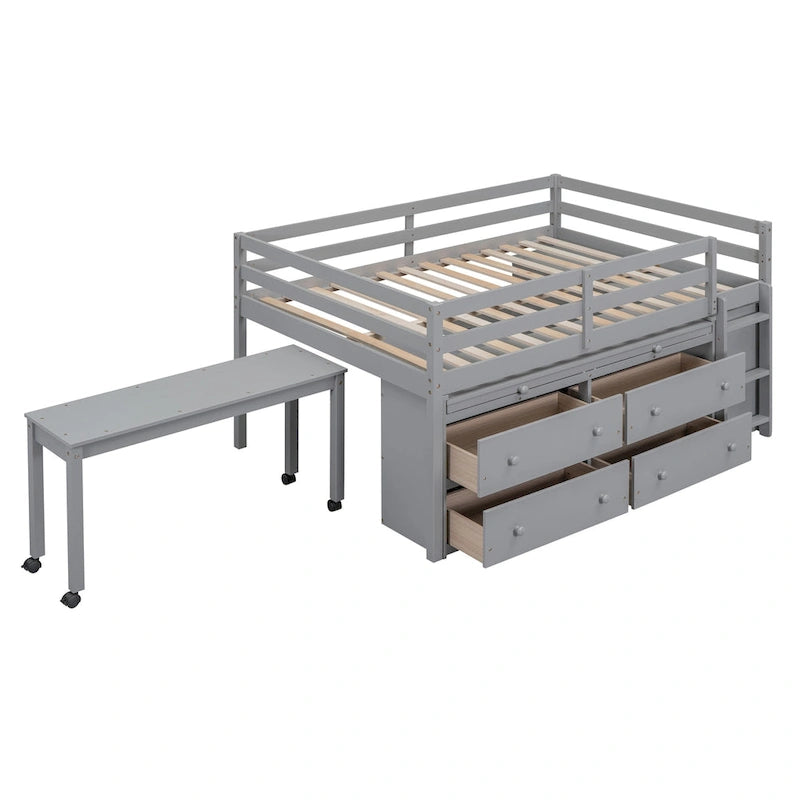 Full Size Solid Wood Loft Bed with Retractable Desk and Drawers