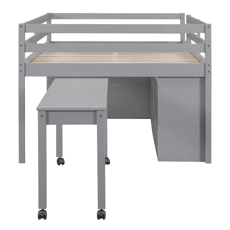 Full Size Solid Wood Loft Bed with Retractable Desk and Drawers