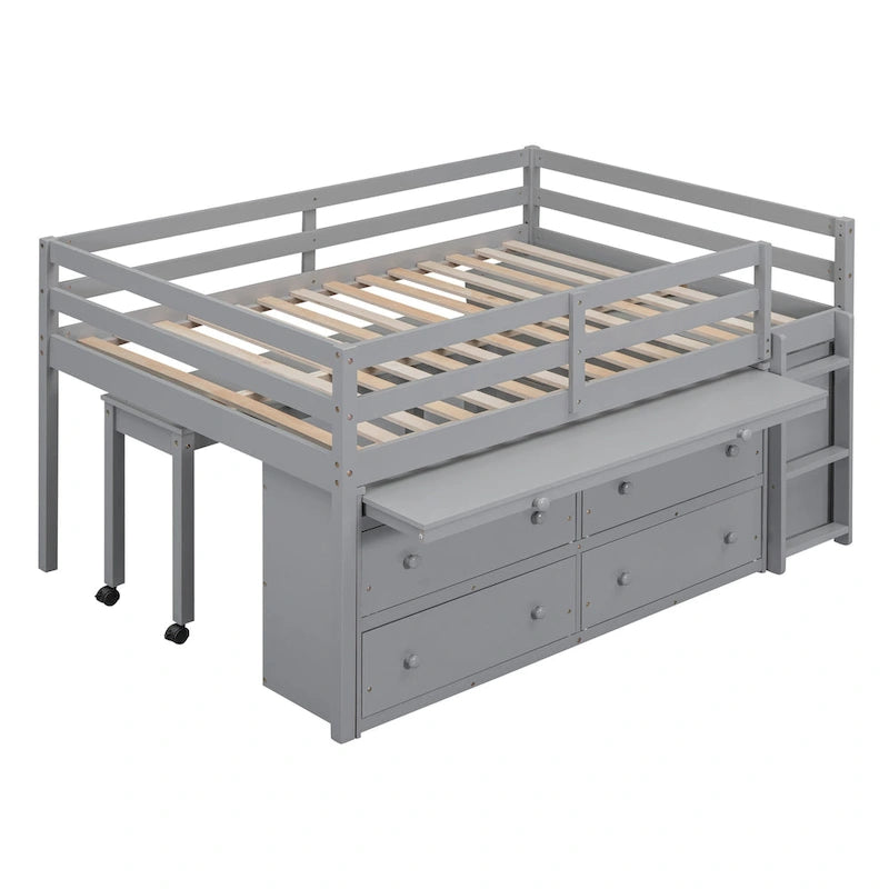 Full Size Solid Wood Loft Bed with Retractable Desk and Drawers
