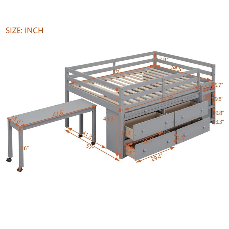 Full Size Solid Wood Loft Bed with Retractable Desk and Drawers