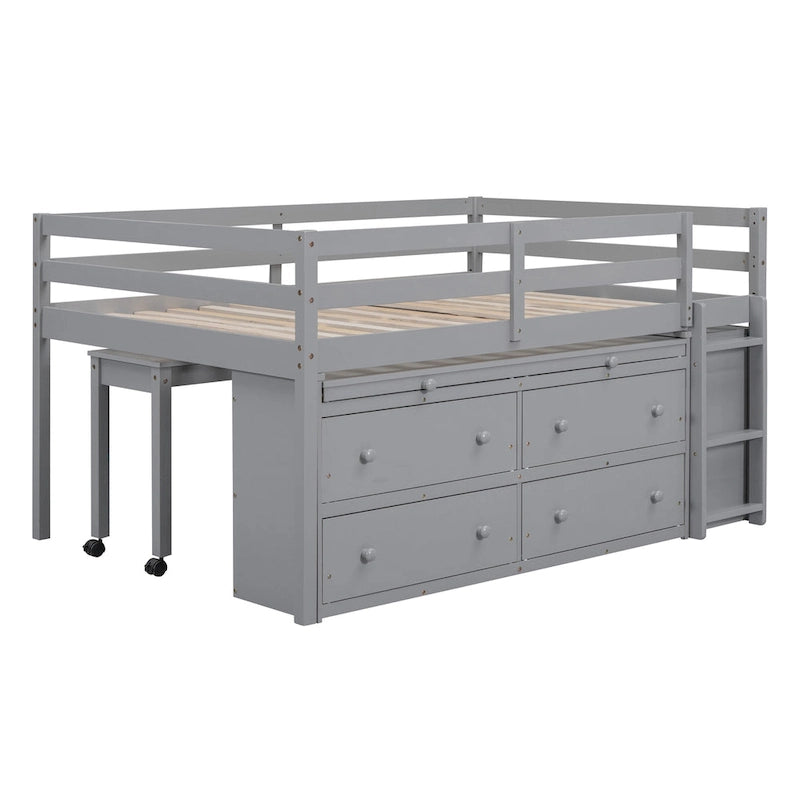 Full Size Solid Wood Loft Bed with Retractable Desk and Drawers
