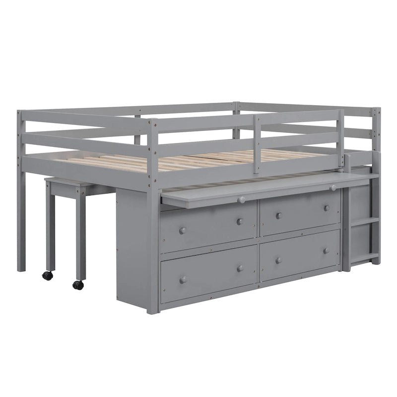 Full Size Solid Wood Loft Bed with Retractable Desk and Drawers