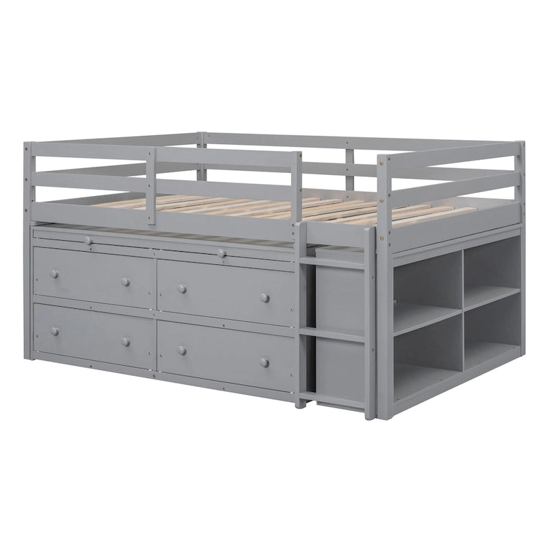 Full Size Solid Wood Loft Bed with Retractable Desk and Drawers
