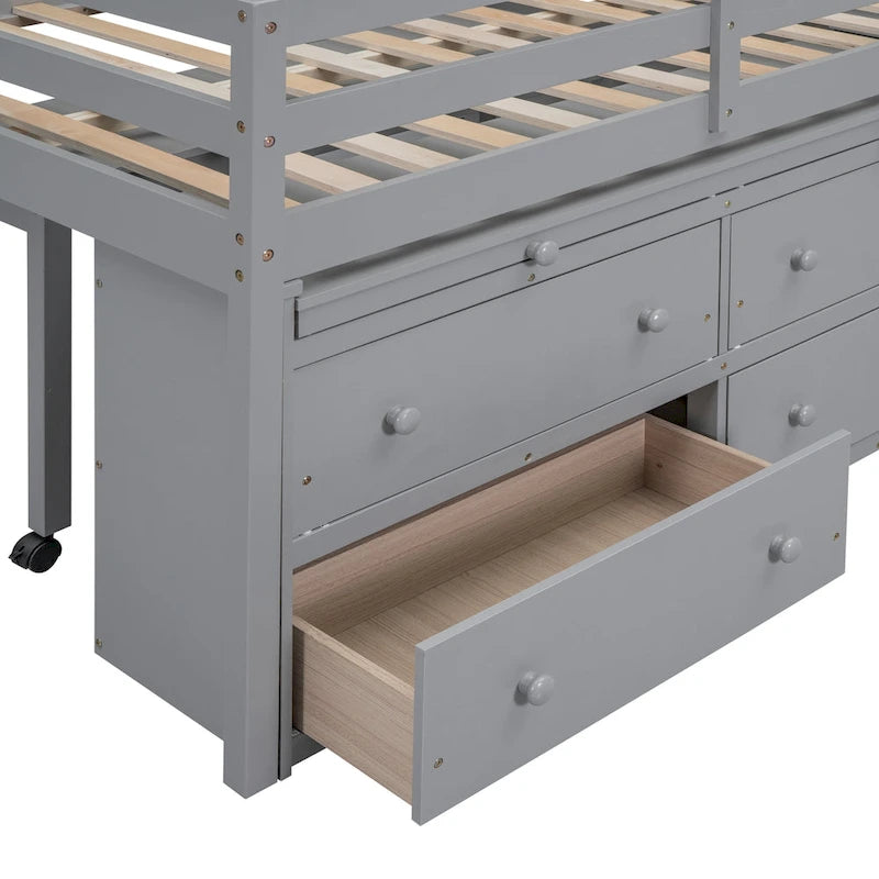 Full Size Solid Wood Loft Bed with Retractable Desk and Drawers
