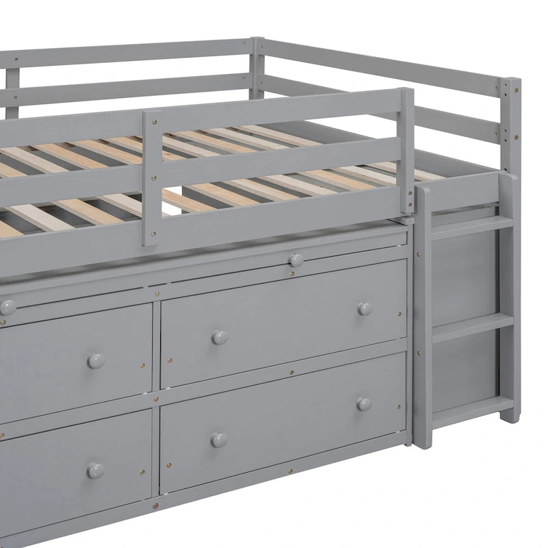 Full Size Solid Wood Loft Bed with Retractable Desk and Drawers