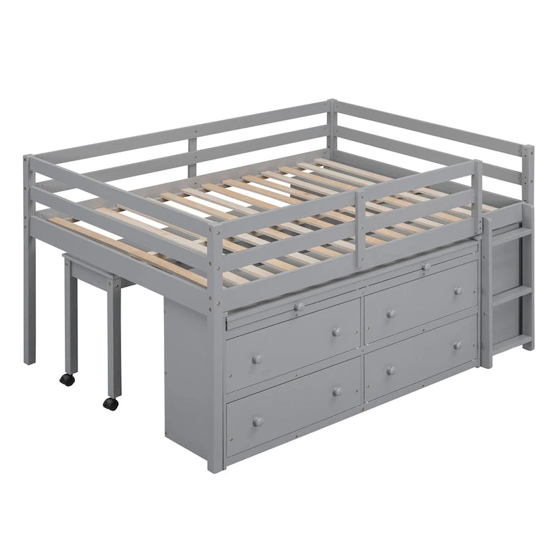 Full Size Solid Wood Loft Bed with Retractable Desk and Drawers