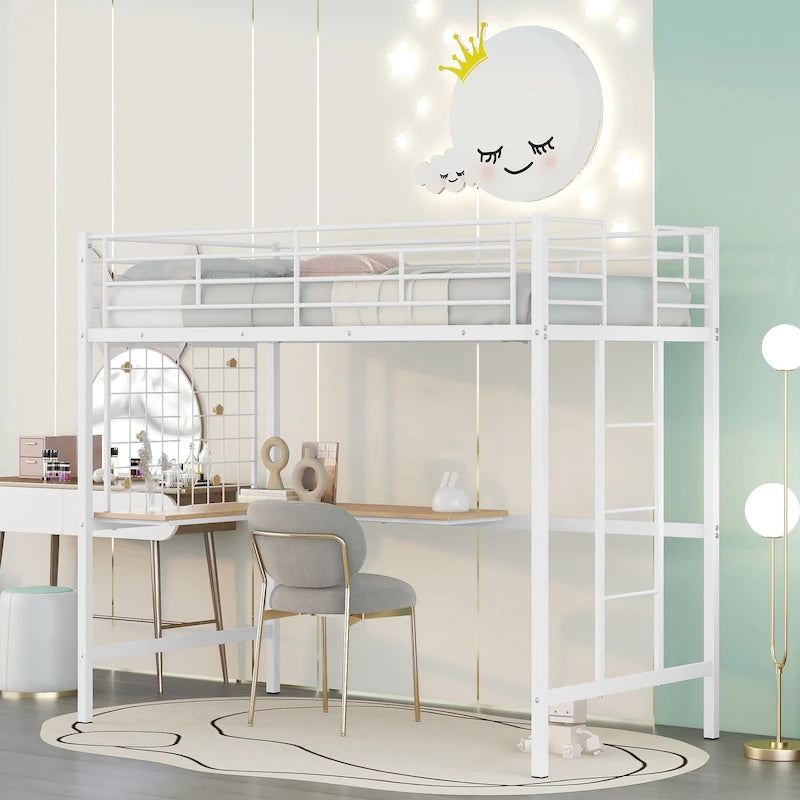 White Twin Size Metal Loft Bed with Desk, Ladder, and Metal Grid for Kids