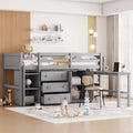 Grey Twin Wood Low Loft Bed with Pull-Out Desk & Drawers