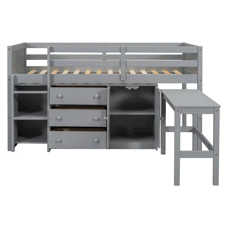 Grey Twin Wood Low Loft Bed with Pull-Out Desk & Drawers