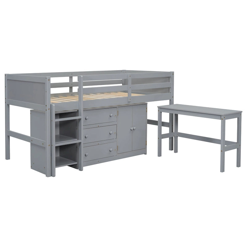 Grey Twin Wood Low Loft Bed with Pull-Out Desk & Drawers