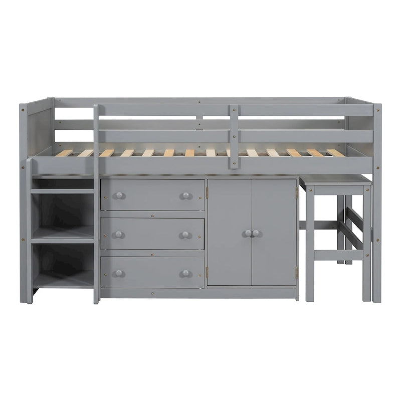 Grey Twin Wood Low Loft Bed with Pull-Out Desk & Drawers