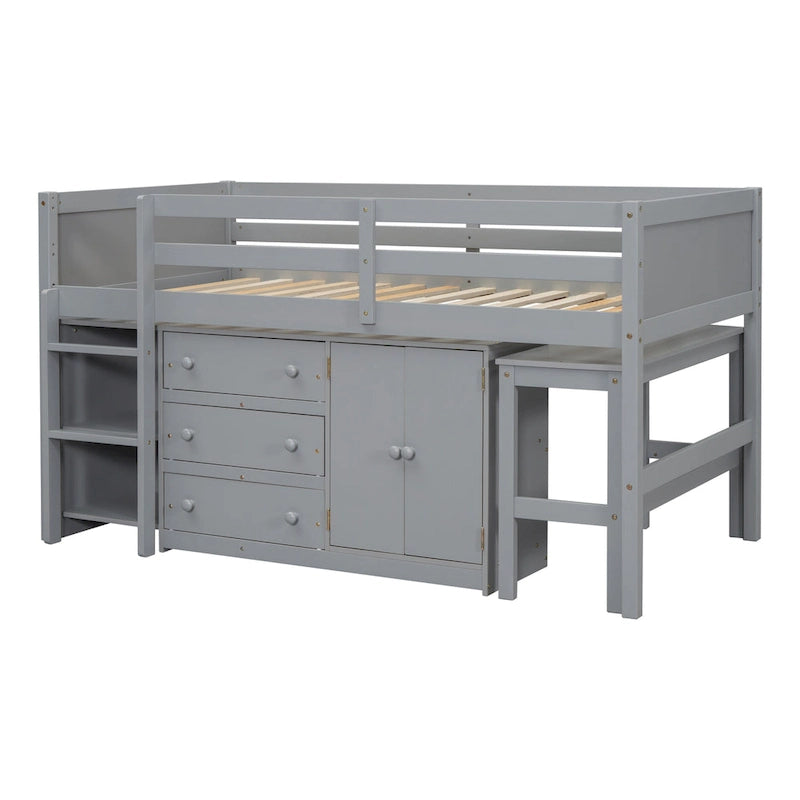 Grey Twin Wood Low Loft Bed with Pull-Out Desk & Drawers