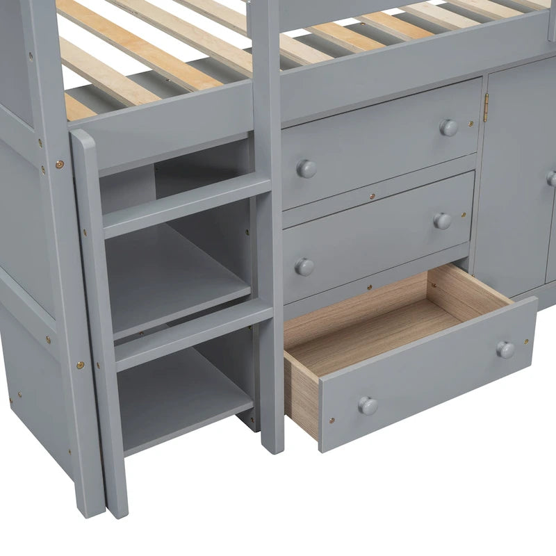 Grey Twin Wood Low Loft Bed with Pull-Out Desk & Drawers