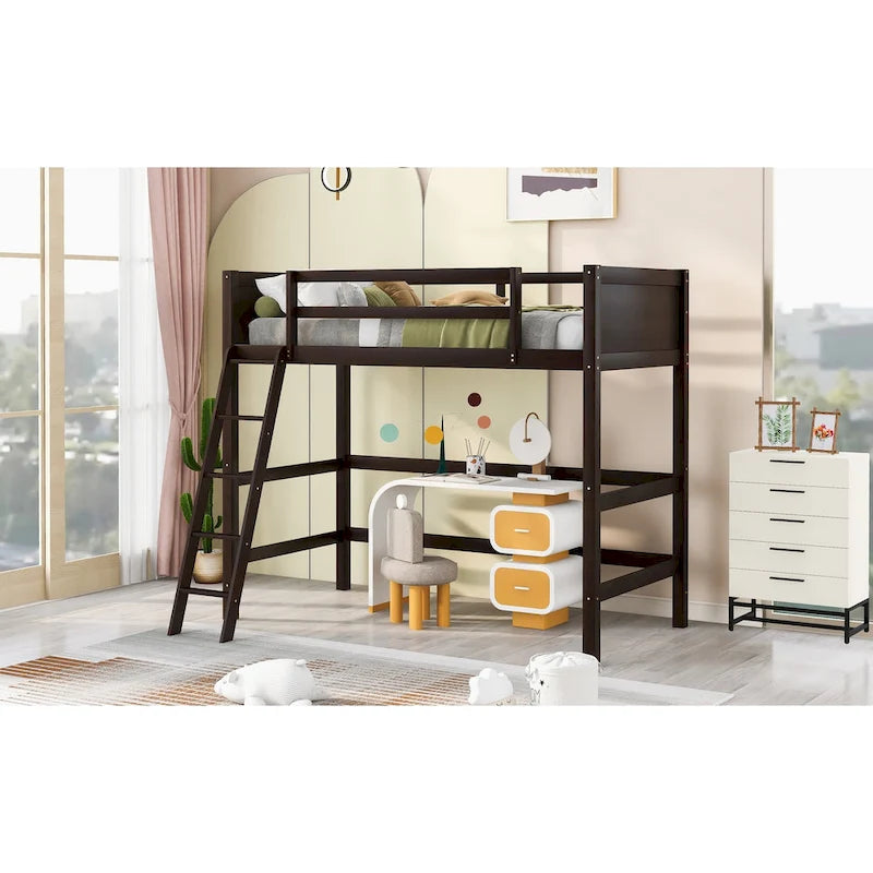 Espresso Twin Solid Wood Loft Bed with Ladder & Fence