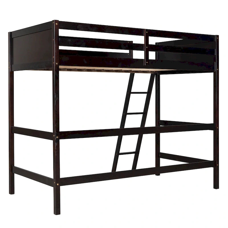 Espresso Twin Solid Wood Loft Bed with Ladder & Fence