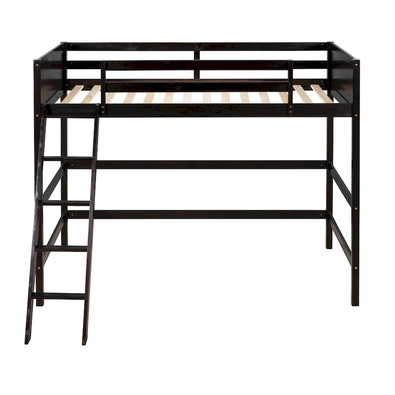 Espresso Twin Solid Wood Loft Bed with Ladder & Fence