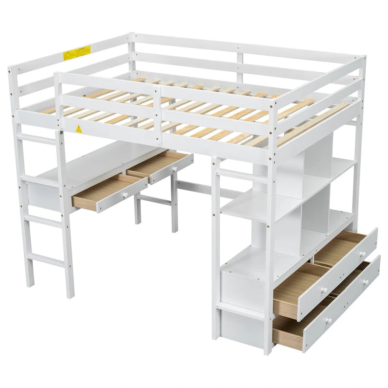 Full Size Pine Loft Bed with Built-in Desk & Drawers