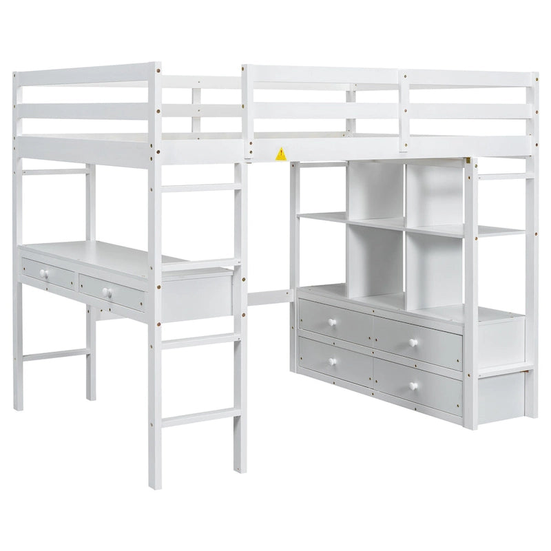 Full Size Pine Loft Bed with Built-in Desk & Drawers