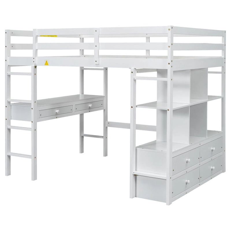 Full Size Pine Loft Bed with Built-in Desk & Drawers