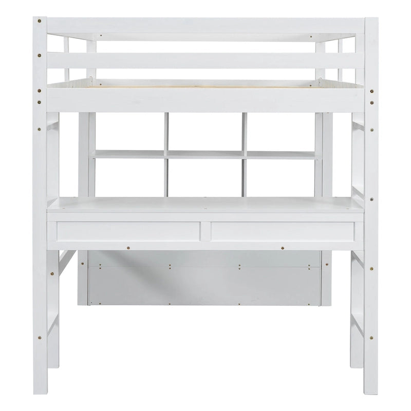 Full Size Pine Loft Bed with Built-in Desk & Drawers