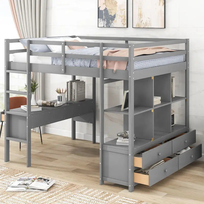 Full Size Pine Loft Bed with Built-in Desk & Drawers