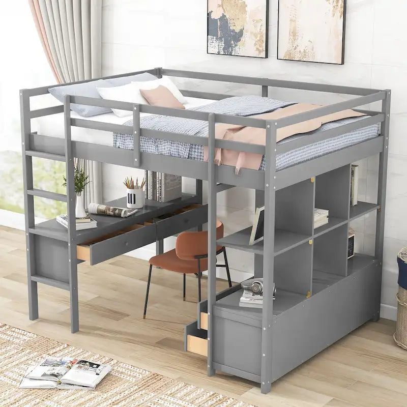 Full Size Pine Loft Bed with Built-in Desk & Drawers