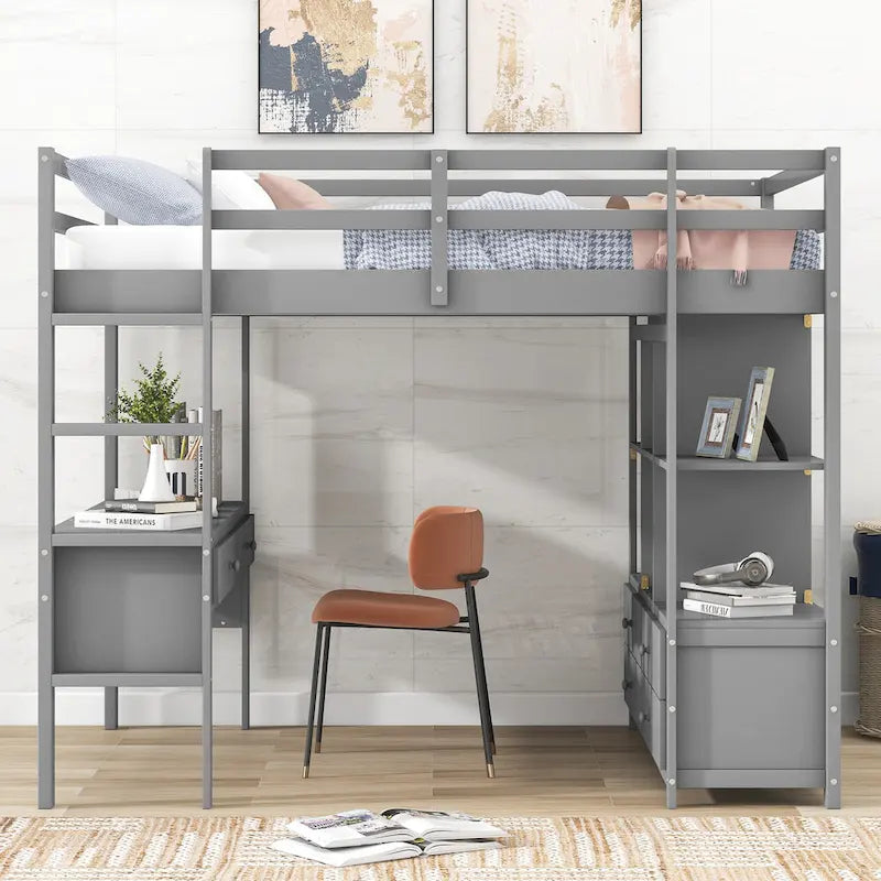 Full Size Pine Loft Bed with Built-in Desk & Drawers