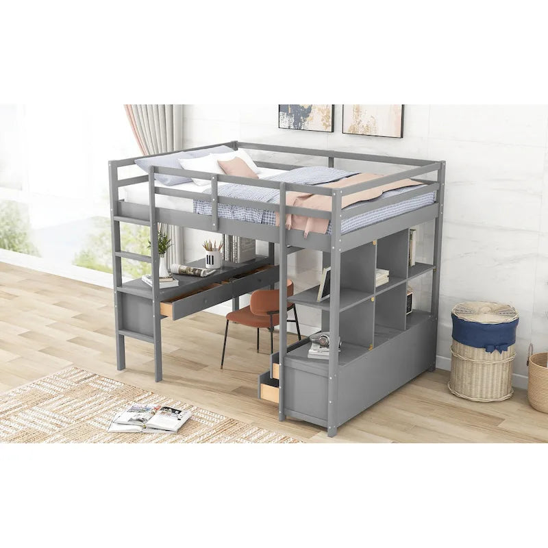 Full Size Pine Loft Bed with Built-in Desk & Drawers