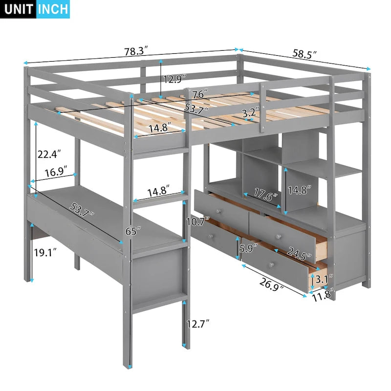 Full Size Pine Loft Bed with Built-in Desk & Drawers