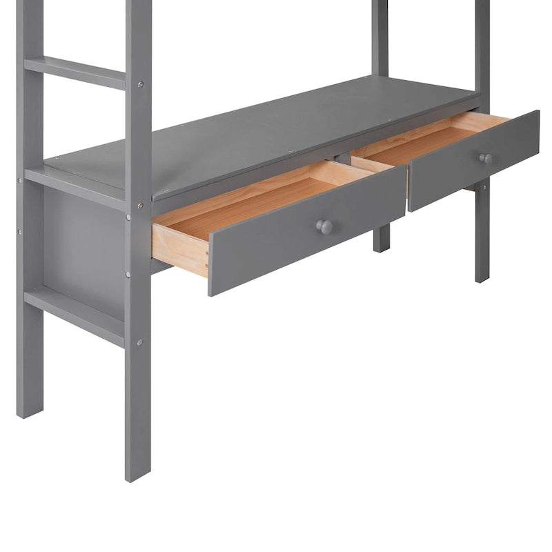 Full Size Pine Loft Bed with Built-in Desk & Drawers