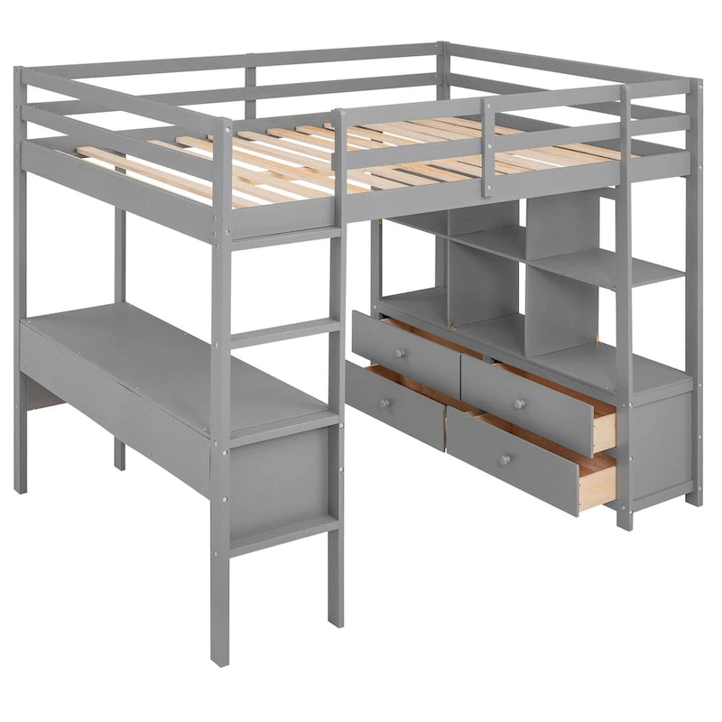 Full Size Pine Loft Bed with Built-in Desk & Drawers